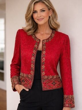 Laurence Kazar Red Vintage Beaded Silk Sequin Lined Floral Jacket Women L
